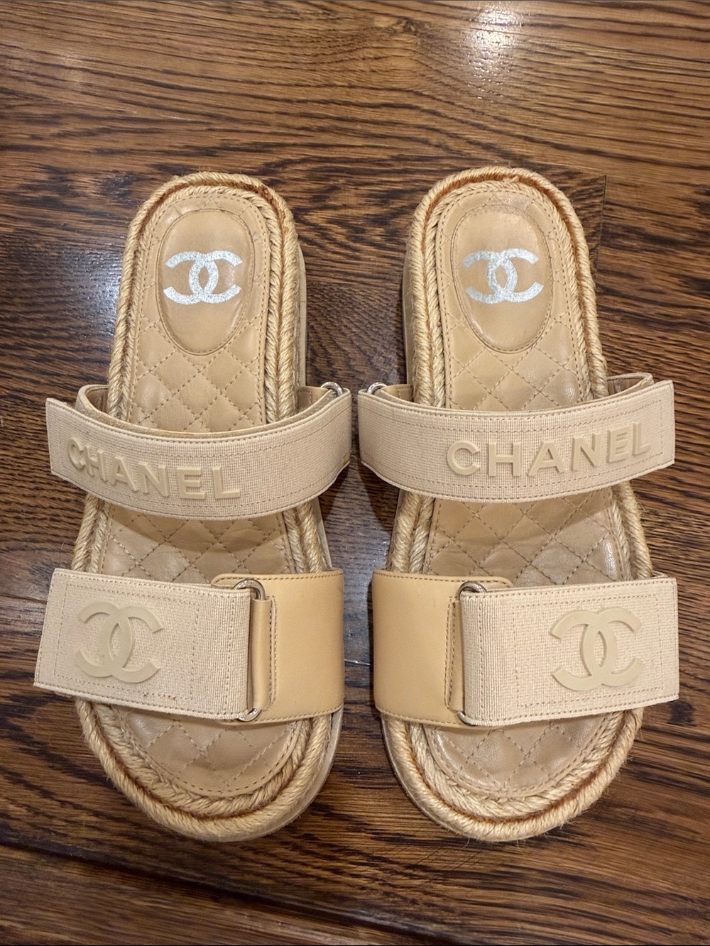 CHANEL Tan Quilted Double-Strap Slide Sandals